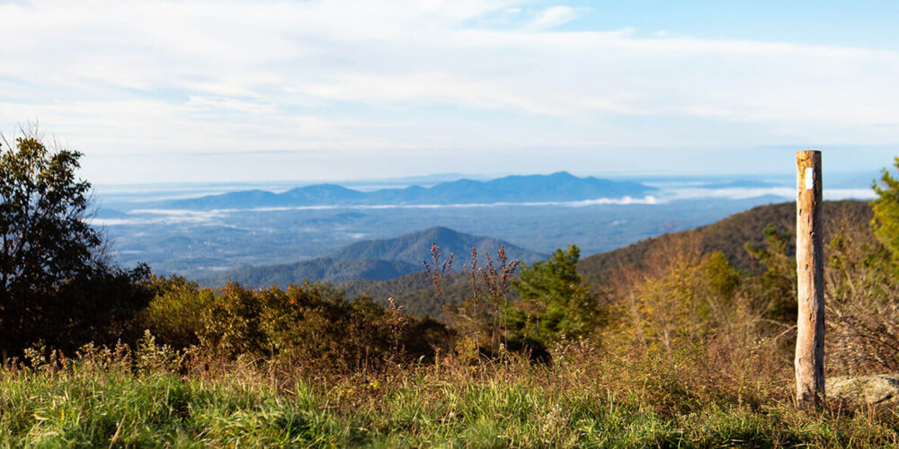 Beautiful view over the appalachian mountains. White blazers mark the trail.